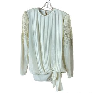 VINTAGE IN THE MOOD women's ivory pleated crochet lace appliqué tie waist top